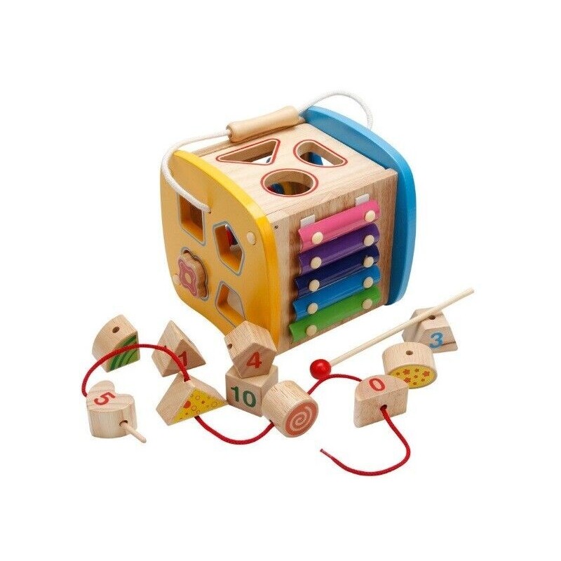 Wooden Activity Cube Xylophone Rope Shape Sorting Kids Education Learning Toys