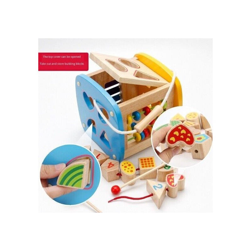 Wooden Activity Cube Xylophone Rope Shape Sorting Kids Education Learning Toys