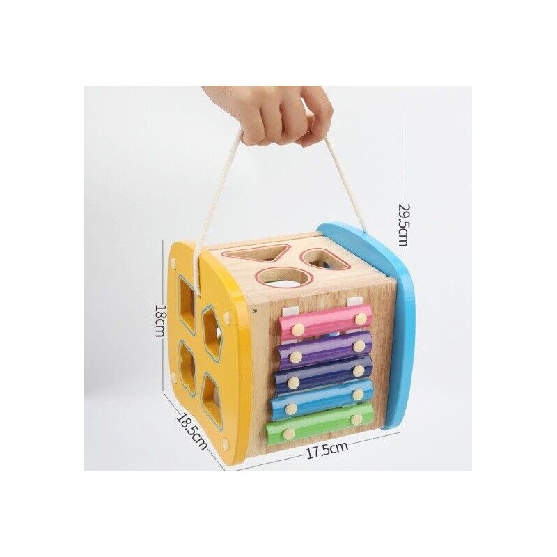 Wooden Activity Cube Xylophone Rope Shape Sorting Kids Education Learning Toys