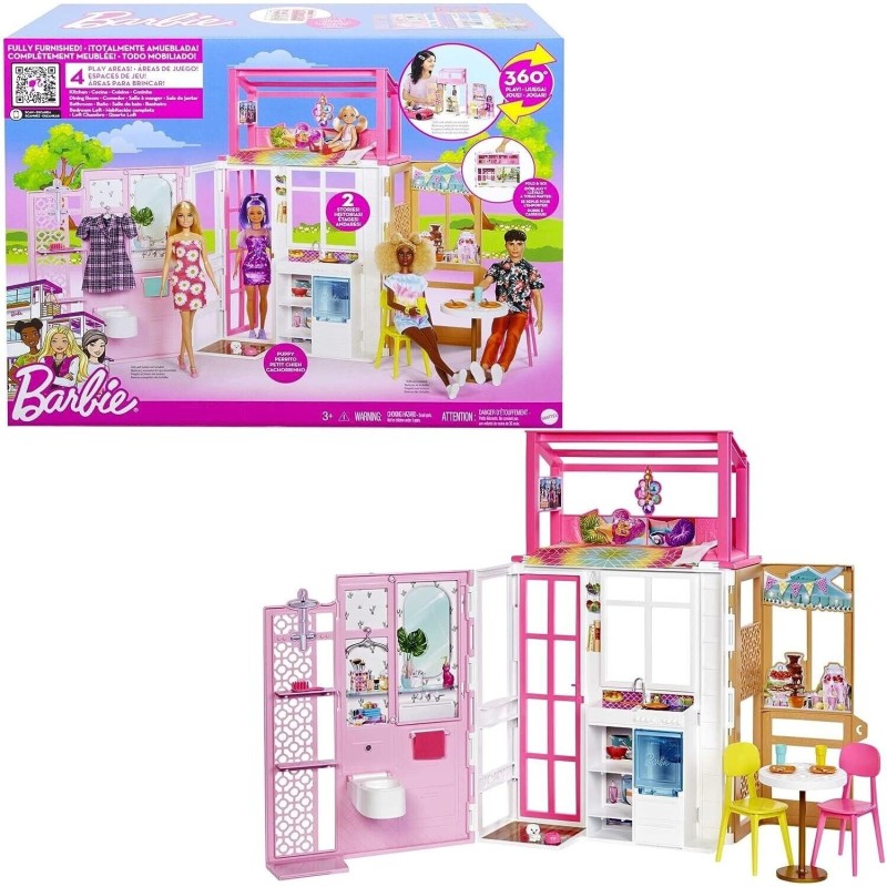 Barbie Fully Furnished House Playset 2 Stories Fold and Go 4 Play Areas Toy Girl