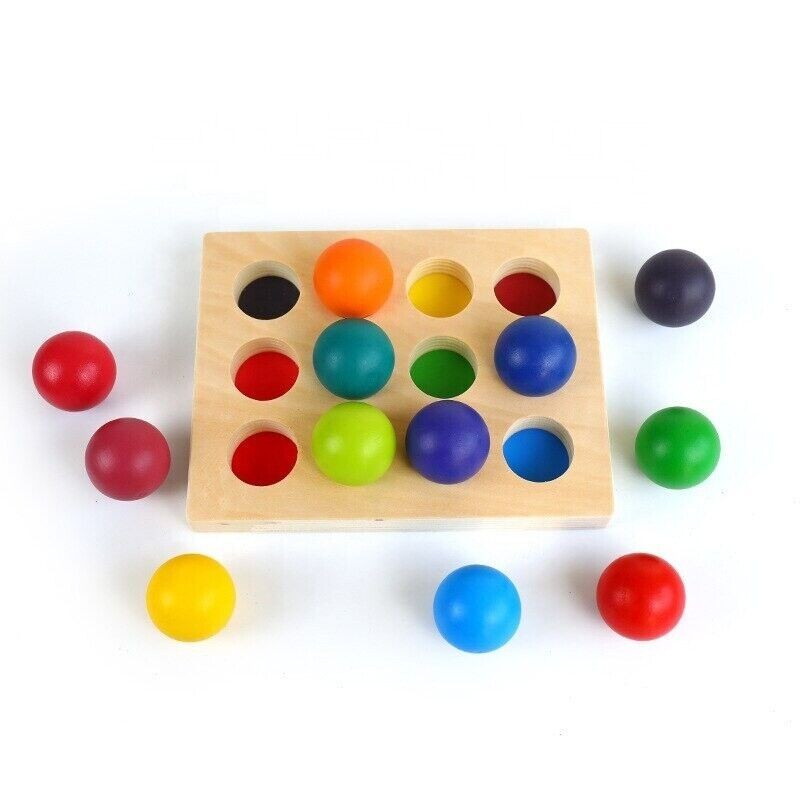 Wooden Colour Sorting Board with 12 Rainbow Balls Montessori Waldorf 3+ Toys