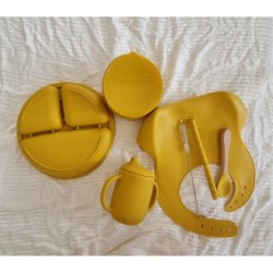 Baby Silicone Feeding Set Bib Plate Spoon Suction Bowl Cup 7 pcs set Mustard