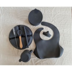 Baby Silicone Feeding Set Bib Plate Spoon Suction Bowl Cup 7 pcs set Charcoal