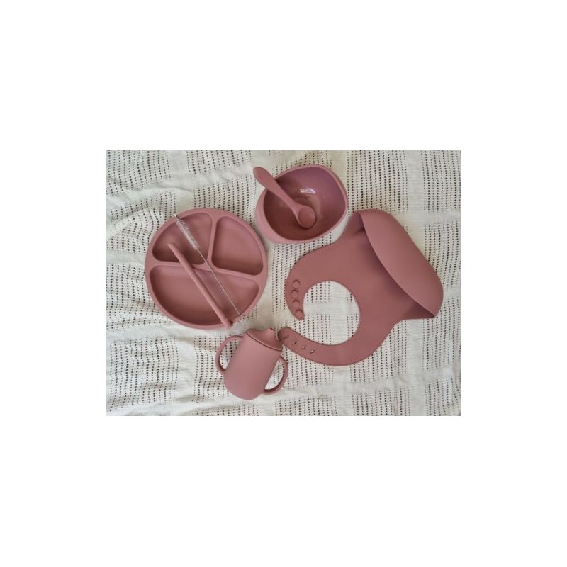 Baby Silicone Feeding Set Bib Plate Spoon Suction Bowl Cup 7 pcs Dusty Rose